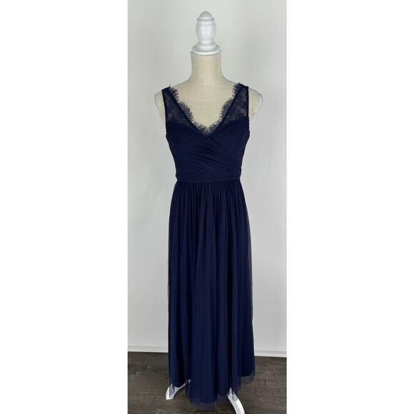 BHLDN Hitherto V Neck Fleur Lace Tulle Formal Maxi Dress Womens 2 Navy Blue - Picture 1 of 9